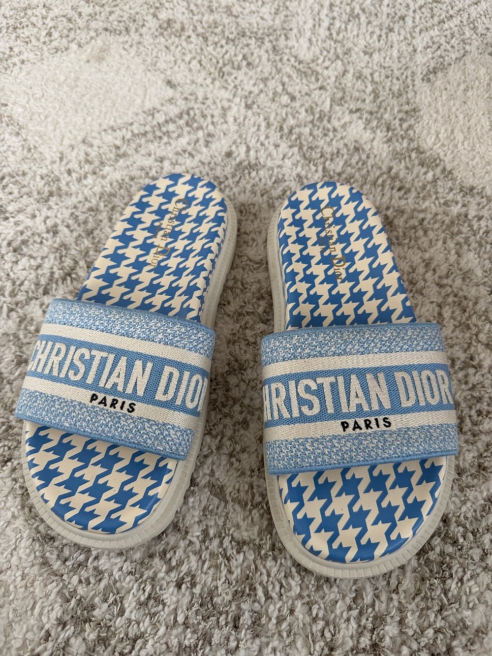 Christian Dior Light Blue and White Houndstooth Slide Sandals